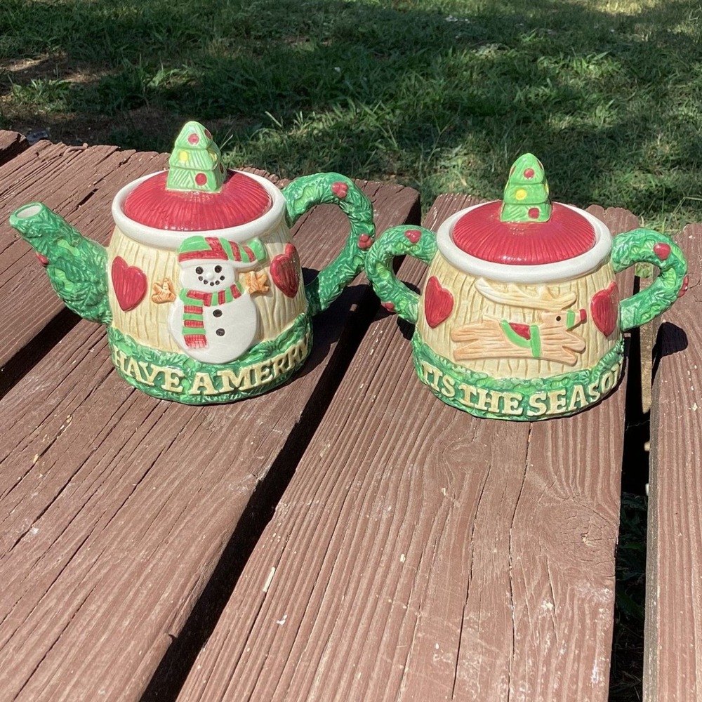 Omnibus Fitz and Floyd 1996 Christmas Teapot Sugar Bowl‎ Set Snowman Reindeer
